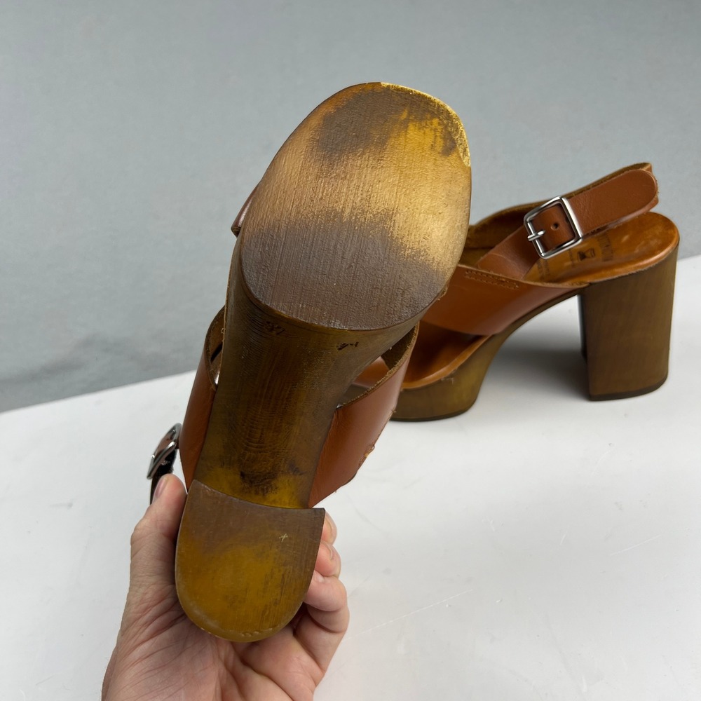 Brown Leather Wood Block Heel Boho Retro Platform Sandals Made in Italy Size 7 - Picture 13 of 16